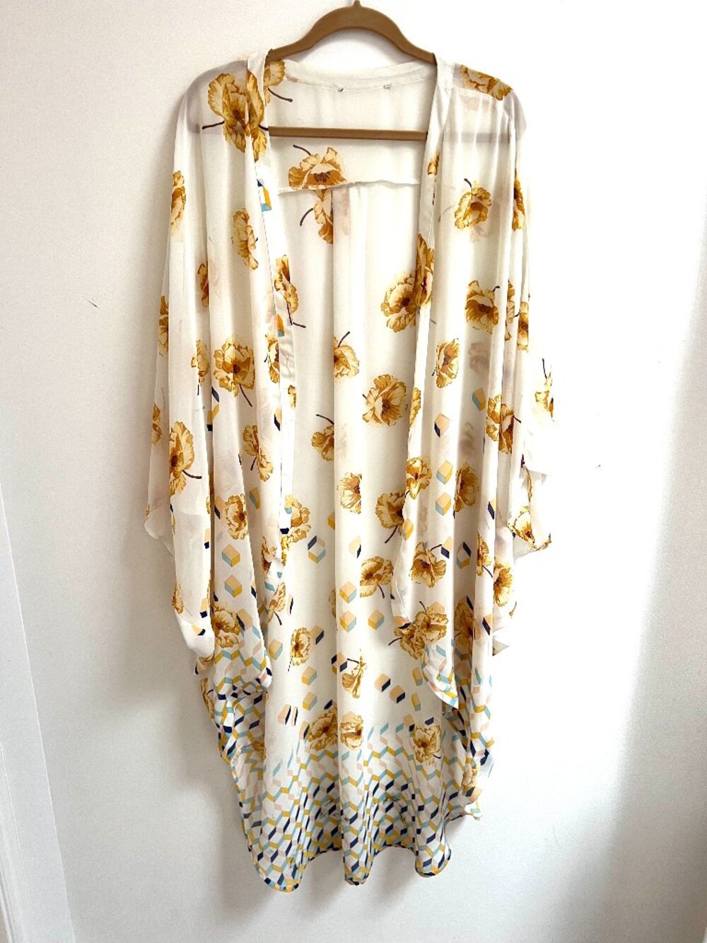 White Yellow Floral Geometric Border Print Button Front Duster Kimono Dress OS